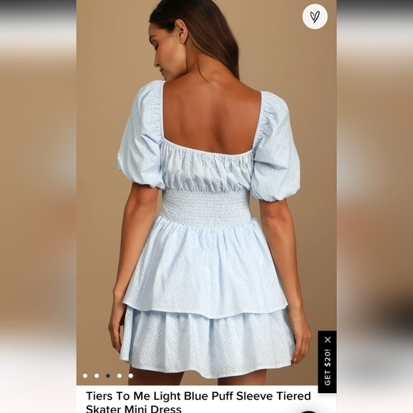 LULUS Tiers To Me Light Blue Puff Sleeve Tiered Skater Mini Dress, sz Large - Picture 5 of 15